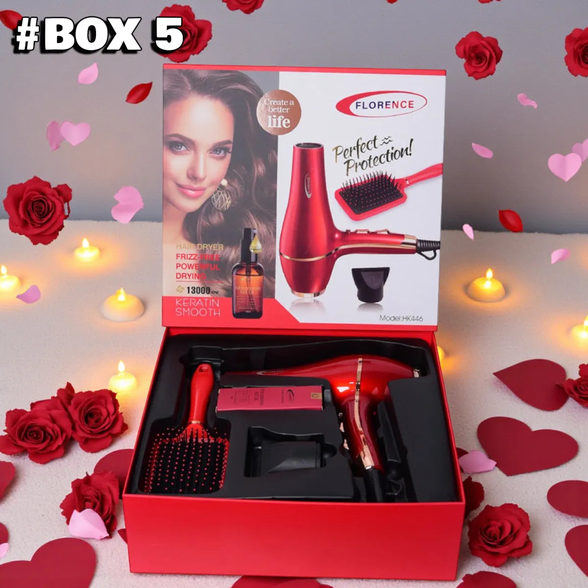 Box 5 : Sèche Cheveux Professionnel Florence Rouge HK446 – 2200W - Kératine & Soin Anti-Frizz