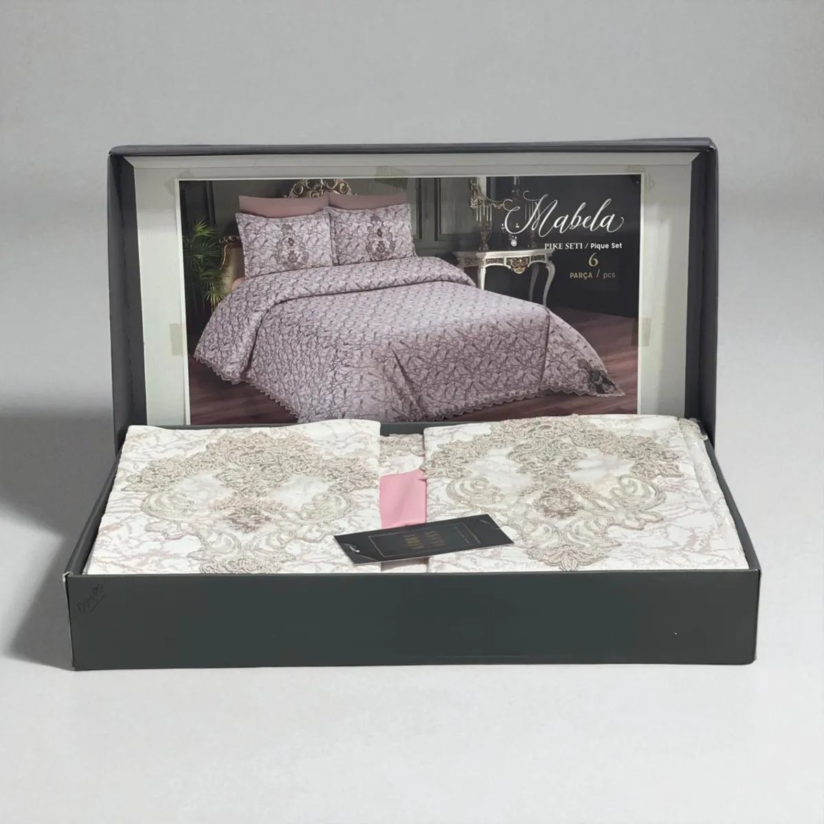 Parure de lit KUBRA – 6 pièces – Coton satiné & dentelle