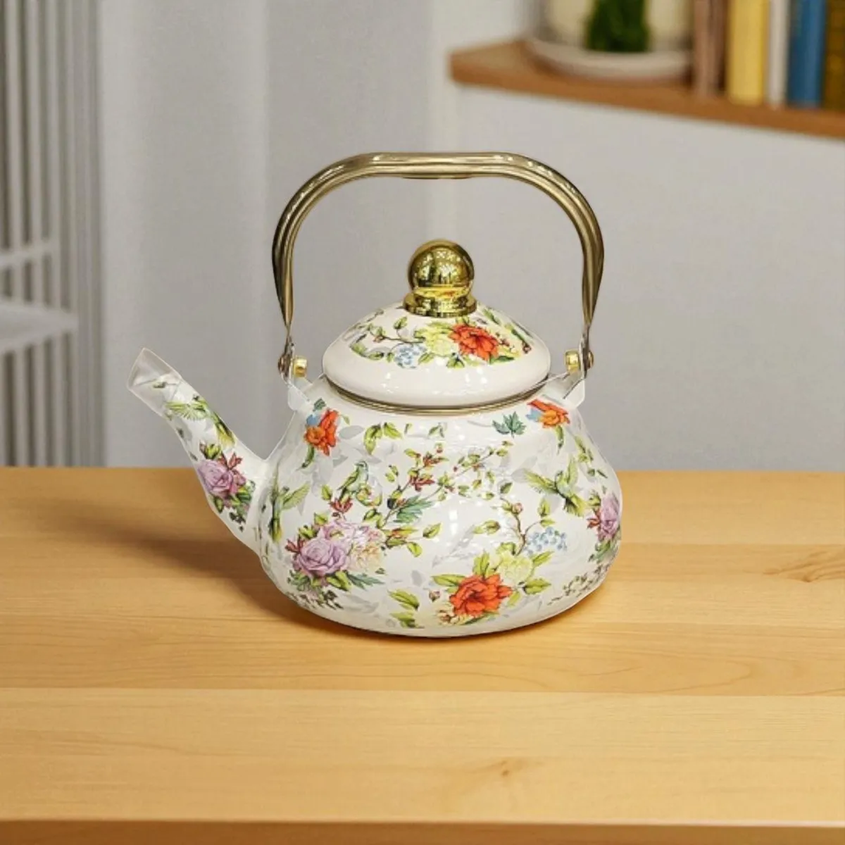 Théière en Émail 1.5L avec Poignée Dorée